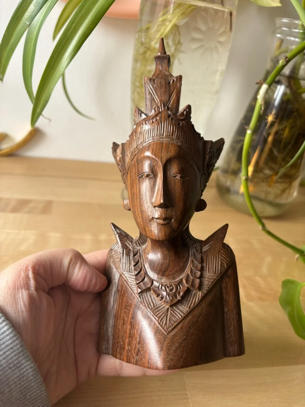 Hand-Carved Wooden Bust Sculpture Indonesia Bali Handmade Home Art Vintage Boho - Picture 2 of 6